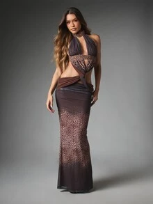 MISSGUIDED Leopard Print Halter Neck Dress With Cut-Out Waist Detail Mermaid Silhouette Embellished Choker Summer Evening Party - Multicolor - View 3