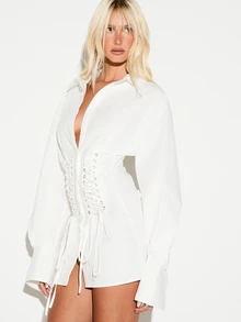KIZN Oversized Shirt Mini Dress With Corset Lace-Up Waist Detail Collared Long Sleeve Boxy Silhouette Party Night Out - White - View 4