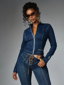 BABYPHAT Cropped Denim Jacket With Full Zip Closure Gold Script Logo Embroidery Fitted Silhouette Long Sleeve Fall Winter Outerwear - Royal Blue - View 1