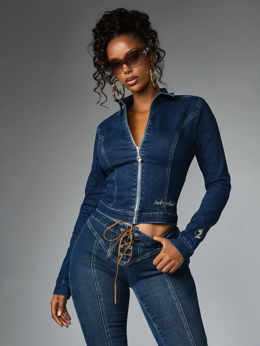 BABYPHAT Cropped Denim Jacket With Full Zip Closure Gold Script Logo Embroidery Fitted Silhouette Long Sleeve Fall Winter Outerwear - Royal Blue - View 1
