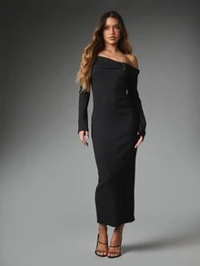 MISSGUIDED Cold Shoulder Bodycon Midaxi Dress With Long Bell Sleeves Gold Hardware Detail Crinkle Knit Elegant Evening Party Holiday Occasion Wear - Black - View 3
