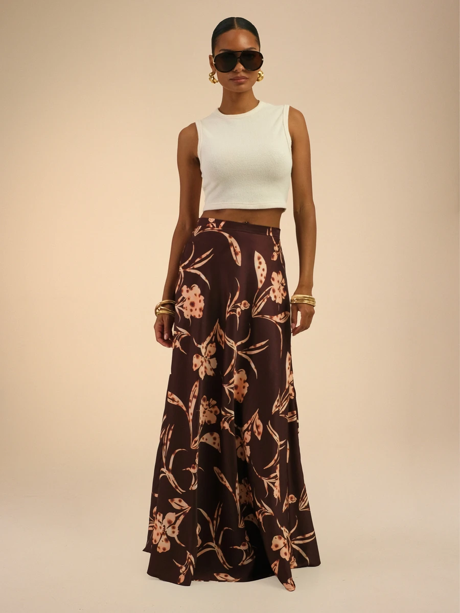 Dancing Leopard Brown Floral Tiered Split Maxi Skirt, Holiday/Vacation Wear - Multicolor - View 1