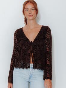 Pimkie Edition Women's French Style Sheer Lace Tie-Up Long Sleeve Top - Brown - View 1