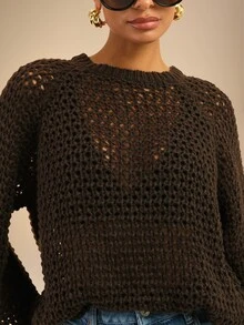 Dancing Leopard Brown Open Knit Oversized Sweater, Autumn Winter Boho Knitwear - Brown - View 4