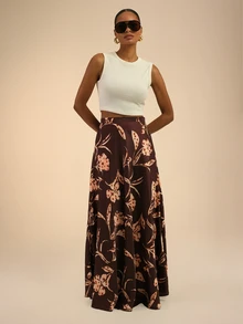 Dancing Leopard Brown Floral Tiered Split Maxi Skirt, Holiday/Vacation Wear - Multicolor - View 5