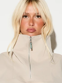 KIZN Oversized Half-Zip Cargo Pocket Jacket With Stand Collar Balloon Sleeves Elasticated Cuffs Fall Winter Outerwear - Khaki - View 6