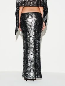 KIZN Snake Print Metallic Skirt Low Rise Bodycon Pencil Silhouette Floor Length Party Night Out Holiday Season - Black and White - View 3