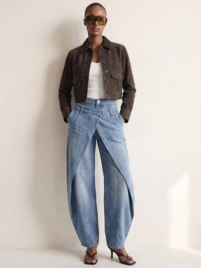 Rouah Women's Barrel Leg Wrap Front Double Waistband Denim Jeans - AW26, FW26, Fall Denim Jean, Double Waistband Denim, Twisted Leg Denim, Barrel Leg Denim, Fashion Denim, Premium Denim Jeans For Fall, Mid Wash Denim Jeans, Autumn Jeans, Fall Jeans
