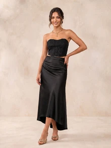 QUIZ Black Lace Strapless Corset Crop Top And Lace Up Back, Corset Top, Lace Top, Black Top, Crop Top, Cute Tops, Tops For Women, Elegant Formal Event Top, Special Occasion Top, Weekend Out Top - Black - View 4
