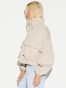 KIZN Oversized Half-Zip Cargo Pocket Jacket With Stand Collar Balloon Sleeves Elasticated Cuffs Fall Winter Outerwear - Khaki - View 5