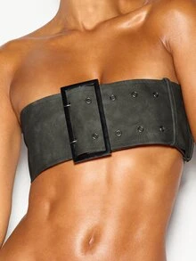 SUMWON WOMEN Faux Suede Strapless Bandeau Crop Top With Oversized Square Buckle Detail And Metal Eyelet Closure Festival Summer Style - Dark Grey - View 2