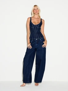 KIZN Dark Wash Denim Corset Top With Contrast Stitching Scoop Neck Sleeveless Structured Boning Back Zip Summer Festival Style - Medium Wash - View 3