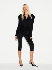 KIZN Black Oversized Structured Blazer With Deep V Lapel Fringe Lace Velvet Waist Detail Power Shoulder Party Evening Jacket - Black - View 3