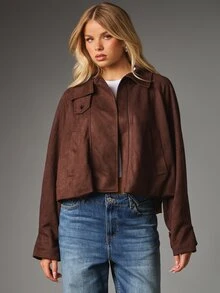MISSGUIDED Cropped Faux Suede Jacket With Lapel Collar Button Closure Back Cape Detail And Patch Pockets Fall Winter Outerwear - Brown - View 5