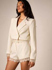 AiiRZ Cropped Blazer With Lace Trim Hem And Cuffs - Notched Lapel Single Button Tailored Jacket For Holiday Party And Evening Events - Cream - View 5