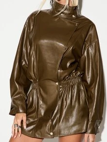 KIZN Faux Leather Mini Dress High Neck Long Sleeve Elastic Waist Snap Button Detail Shift Silhouette Fall Winter Party Night Out - Dark Brown - View 5