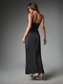 MISSGUIDED Corset Bodice Dress With Satin Ruched Skirt Sweetheart Neckline High Slit Formal Evening Gown Holiday Party - Black - View 2
