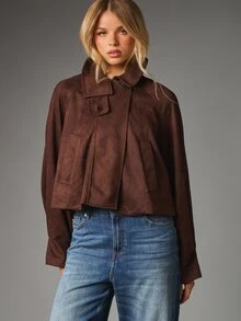 MISSGUIDED Cropped Faux Suede Jacket With Lapel Collar Button Closure Back Cape Detail And Patch Pockets Fall Winter Outerwear - Brown - View 1