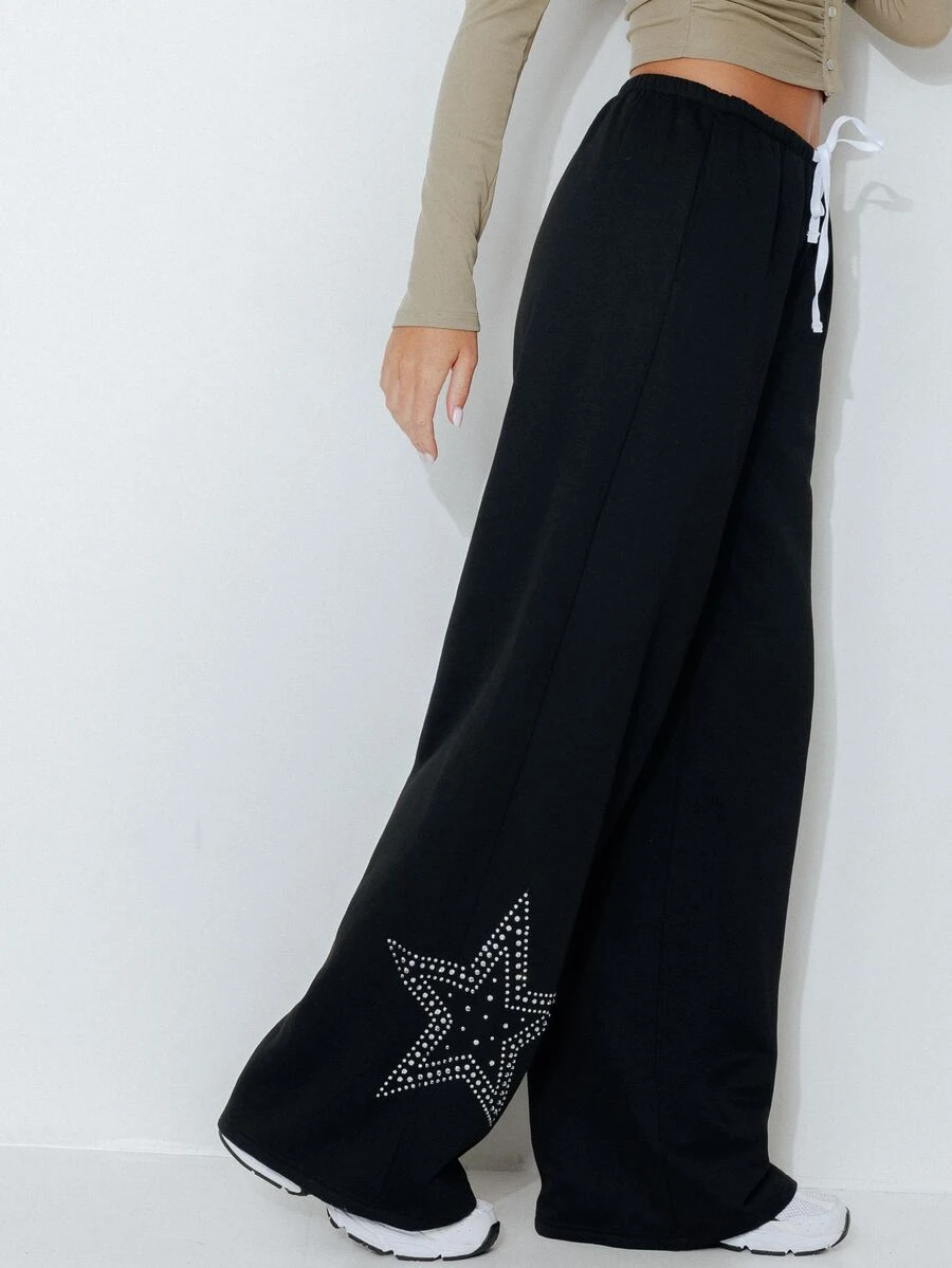 Pimkie Edition Women's Korean Style Fashion Rhinestone Drawstring Waist Pocket Long Pants - Black - View 1