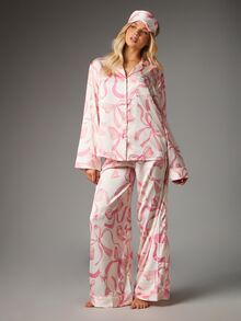 MISSGUIDED Satin Bow Print Pajama Co-Ord Set With Notch Collar Long Sleeve Button Front Shirt And Wide Leg Cuffed Pants - Multicolor - View 1