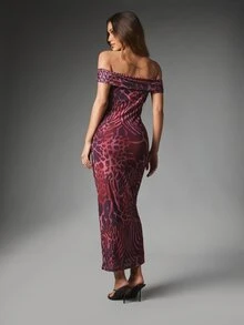 MISSGUIDED Cold Shoulder Bodycon Midaxi Mesh Dress With Mixed Animal Print Party Evening Holiday Night Out - Multicolor - View 2