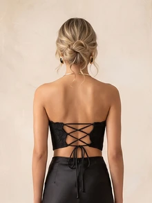 QUIZ Black Lace Strapless Corset Crop Top And Lace Up Back, Corset Top, Lace Top, Black Top, Crop Top, Cute Tops, Tops For Women, Elegant Formal Event Top, Special Occasion Top, Weekend Out Top - Black - View 2