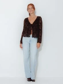 Pimkie Edition Women's French Style Sheer Lace Tie-Up Long Sleeve Top - Brown - View 5