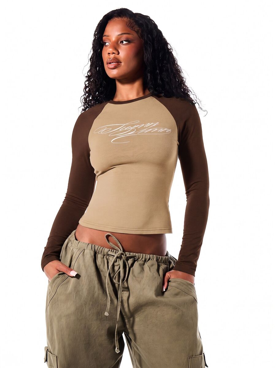 SUMWON WOMEN Raglan Long Sleeve Crop Top With Script Logo Print, Two-Tone Colorblock Design, Round Neck, Fitted Stretch Jersey - Chocolate Brown - View 1
