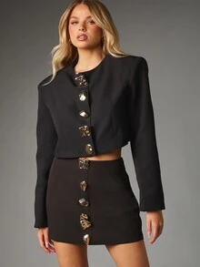 MISSGUIDED Cropped Collarless Blazer Jacket With Oversized Gold Metallic Buttons Structured Shoulders Party Night Out Fall Winter - Black - View 5