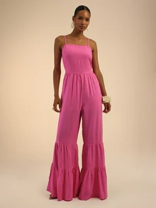 Dancing Leopard Pink Bandeau Wide Leg Jumpsuit, Removable Strap Gathered Leg Holiday Outfit - Hot Pink - View 1