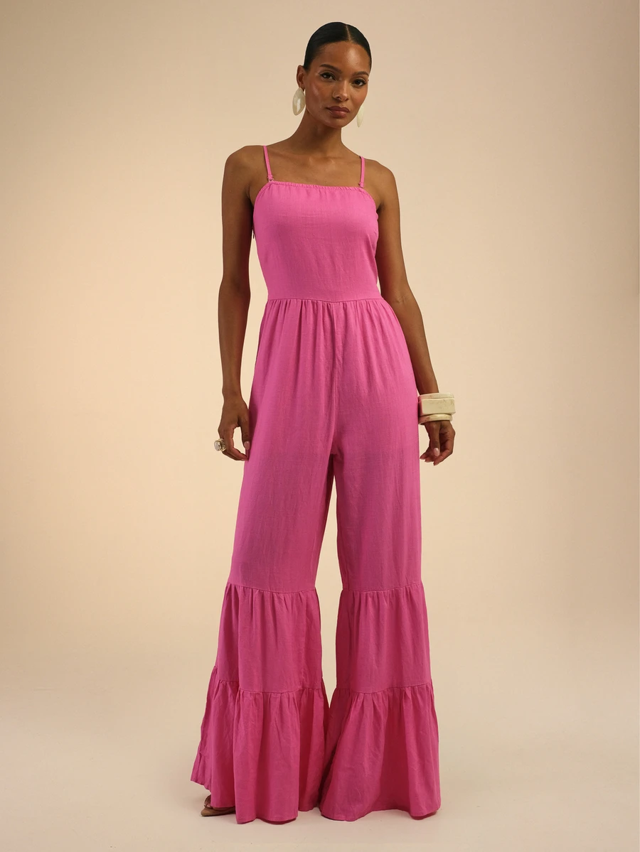 Dancing Leopard Pink Bandeau Wide Leg Jumpsuit, Removable Strap Gathered Leg Holiday Outfit - Hot Pink - View 1