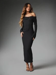 MISSGUIDED Cold Shoulder Bodycon Midaxi Dress With Long Bell Sleeves Gold Hardware Detail Crinkle Knit Elegant Evening Party Holiday Occasion Wear - Black - View 1