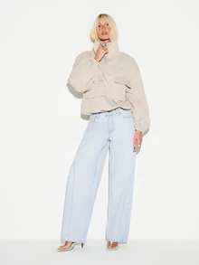 KIZN Oversized Half-Zip Cargo Pocket Jacket With Stand Collar Balloon Sleeves Elasticated Cuffs Fall Winter Outerwear - Khaki - View 3