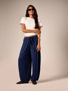 AiiRZ Flowy Wide Leg Harem Pants With Drawstring Elastic Waist Balloon Silhouette Summer Holiday Casual Trousers - Navy Blue - View 2