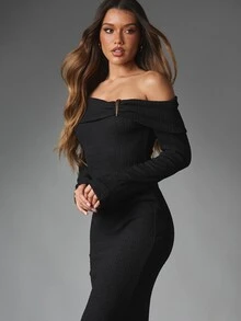 MISSGUIDED Cold Shoulder Bodycon Midaxi Dress With Long Bell Sleeves Gold Hardware Detail Crinkle Knit Elegant Evening Party Holiday Occasion Wear - Black - View 4