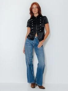 Pimkie Edition Women's French Elegant Double-Breasted Short Sleeve Zipper Top - Black - View 4