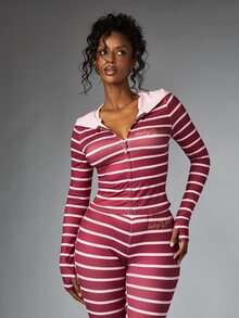 BABYPHAT Striped Zip-Up Hoodie With Gold Logo Script Long Sleeve Fitted Jacket Pink And Burgundy Y2K Style - Red Violet - View 5