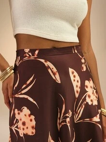 Dancing Leopard Brown Floral Tiered Split Maxi Skirt, Holiday/Vacation Wear - Multicolor - View 6