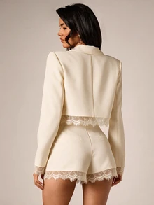 AiiRZ Cropped Blazer With Lace Trim Hem And Cuffs - Notched Lapel Single Button Tailored Jacket For Holiday Party And Evening Events - Cream - View 3