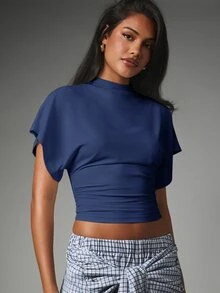 MISSGUIDED Mock Neck Crop Top With Flutter Cap Sleeves And Ruched Waist Detail Perfect For Spring Summer Casual Outings - Navy Blue - View 1