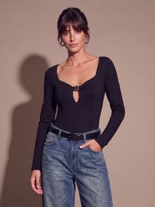 OverBlushhh Women's Black Long Sleeve Bodysuit Sweetheart Keyhole Silver Buckle - Black - View 1
