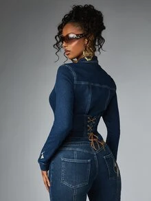 BABYPHAT Cropped Denim Jacket With Full Zip Closure Gold Script Logo Embroidery Fitted Silhouette Long Sleeve Fall Winter Outerwear - Royal Blue - View 2
