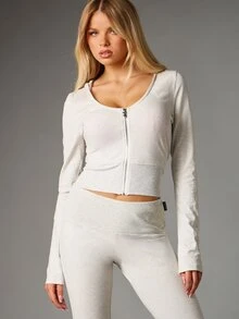 Missguided x Playboy Rhinestone Logo Cropped Zip-Up Hoodie With Long Sleeves And Ribbed Hem Band - Light Grey - View 2