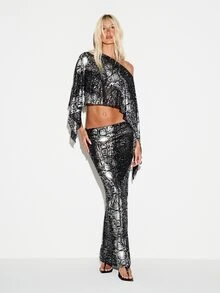 KIZN Snake Print Metallic Skirt Low Rise Bodycon Pencil Silhouette Floor Length Party Night Out Holiday Season - Black and White - View 5