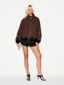 KIZN Oversized Windbreaker Jacket With Black Lace Trim Hem And Cuffs Full Zip Stand Collar Balloon Sleeves Fall Winter Outerwear - Brown - View 3