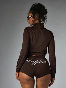 BABYPHAT Jaket Track Pendek dengan Resleting Penuh, Lengan Panjang, Blok Warna, Kerah Tinggi, Gaya Retro, Koleksi Musim Gugur dan Musim Dingin - Coffee Brown - View 2