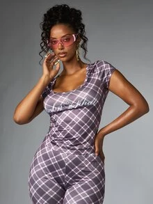 BABYPHAT Plaid Cap Sleeve Scoop Neck Fitted Top With Logo Script Print - Retro Y2K Style - Coffee Brown - View 5