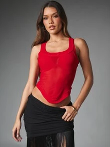MISSGUIDED Tank top crop jala tanpa lengan dengan leher bulat dan detail racerback, cocok untuk pesta malam musim panas dan festival. - Merah - View 5