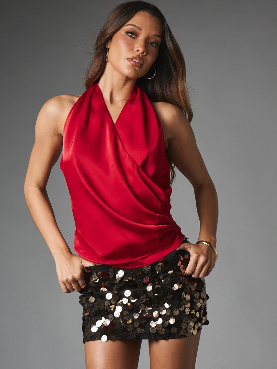 MISSGUIDED Satin Halter Neck Backless Blouse With Cowl Drape Front And Tie Back Detail For Party Night Out Holiday - Red - View 1