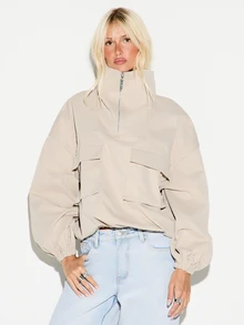 KIZN Oversized Half-Zip Cargo Pocket Jacket With Stand Collar Balloon Sleeves Elasticated Cuffs Fall Winter Outerwear - Khaki - View 1